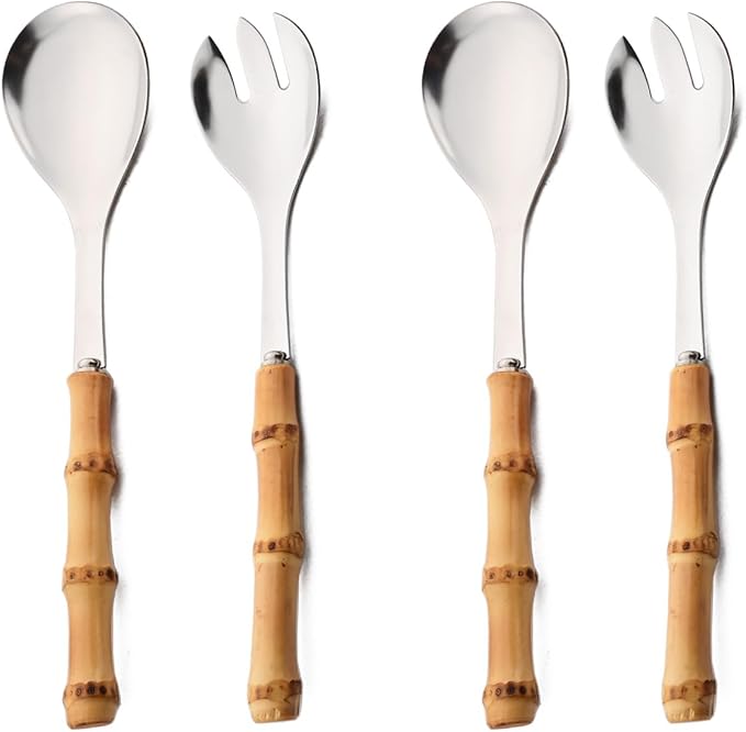 Gugrida Flatware Silverware Serving Set Silver Stainless Steel Hostess Serving Utensil Set with Bamboo Handle Dishwasher Safe, 2 Serving Spoon 2 Serving Fork