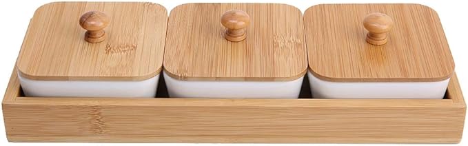 GLOGLOW Plate Dishware Ceramic Appetizer Serving Plate with Tray Cover, 3-Compartment Design, White, 11.02x4.02x1.61 Inches, for Snacks and Desserts Storage Supplies (Three compartments with lid)