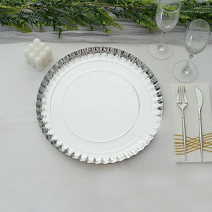 10 Silver 13 in Round Paper Serving Trays with Scalloped Rim Design - Disposable Wedding Party Tableware Supplies