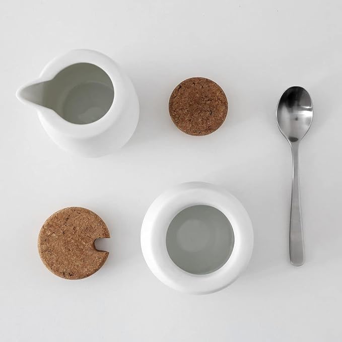 Viva Nicola White Sugar and Creamer Set – Porcelain Coffee Creamer & Sugar Bowl with Cork Lid and Spoon, 7oz / 200ml Milk & Sugar Set for Coffee Stations and Tea Serving