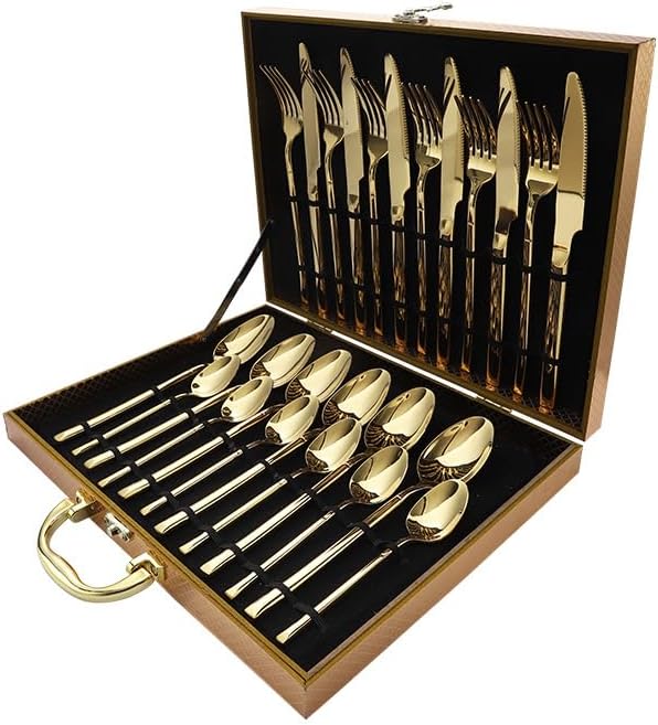 Stainless Steel Flatware serving set,Home Kitchen Eating Tableware Set,Dishwasher Safe,For Home Kitchen Restaurant Hote 24-piece Stainless Steel Cutlery Set Thickened Knife, Fork And Spoon(Gold)(Gold)