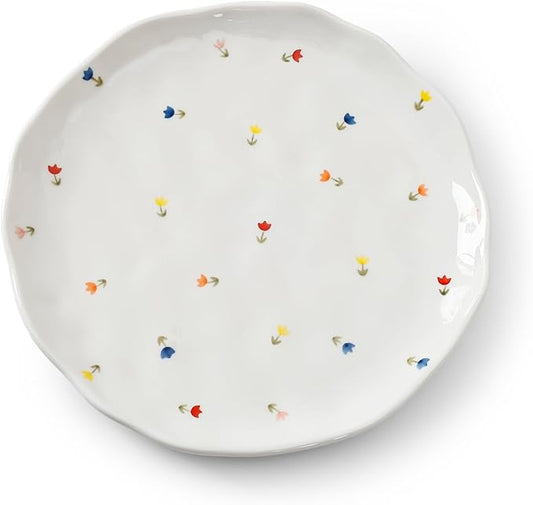Koythin Floral Ceramic Dinner Plates, 8" Microwave Safe Dishes for Pasta, Modern Rustic Appetizer Plate for Salad Fruits Dessert Cake (Tulip Small Floral Fragments)