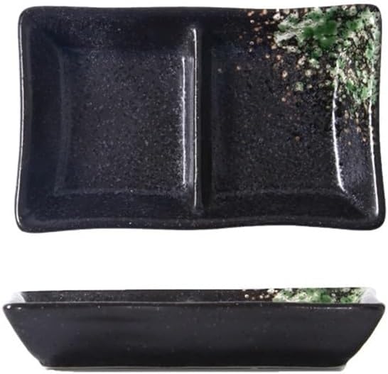 Appetizer Plates Double-grid Ceramic Soy Sauce Plate Barbecue Seasoning Dipping Dish Divide Sushi Meals Dishes for Condiment(Black green)