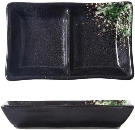 Appetizer Plates Double-grid Ceramic Soy Sauce Plate Barbecue Seasoning Dipping Dish Divide Sushi Meals Dishes for Condiment(Black green)