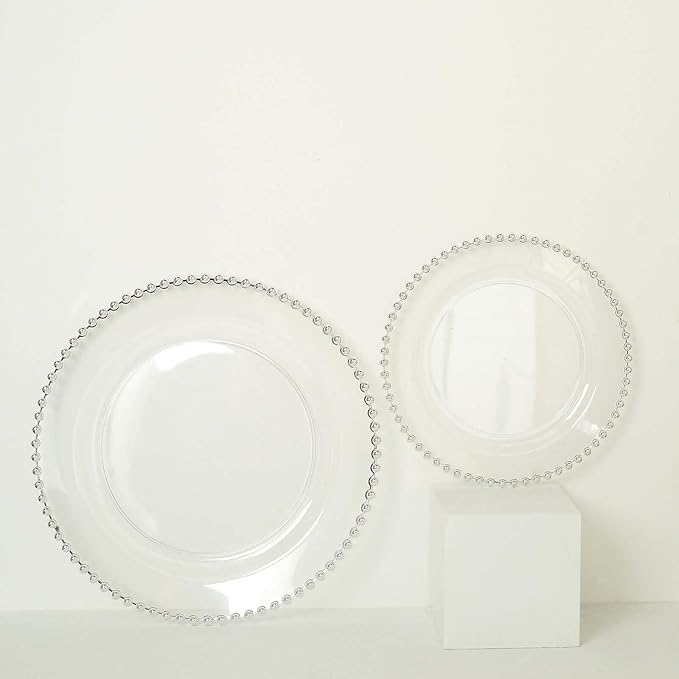 8" Salad Plates - Set of 30 - Plastic Clear/Silver Round Disposable Dessert Appetizer Plate Beaded Rim, Ideal for Dinner Party Wedding Bulk Events