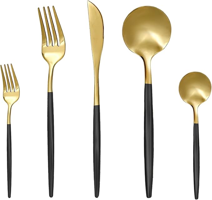 30 Piece Matte Black Gold Silverware Set, Flatware Set for 6, Forks Spoons Set, Food-Grade Stainless Steel Cutlery Set (Gold/Black)