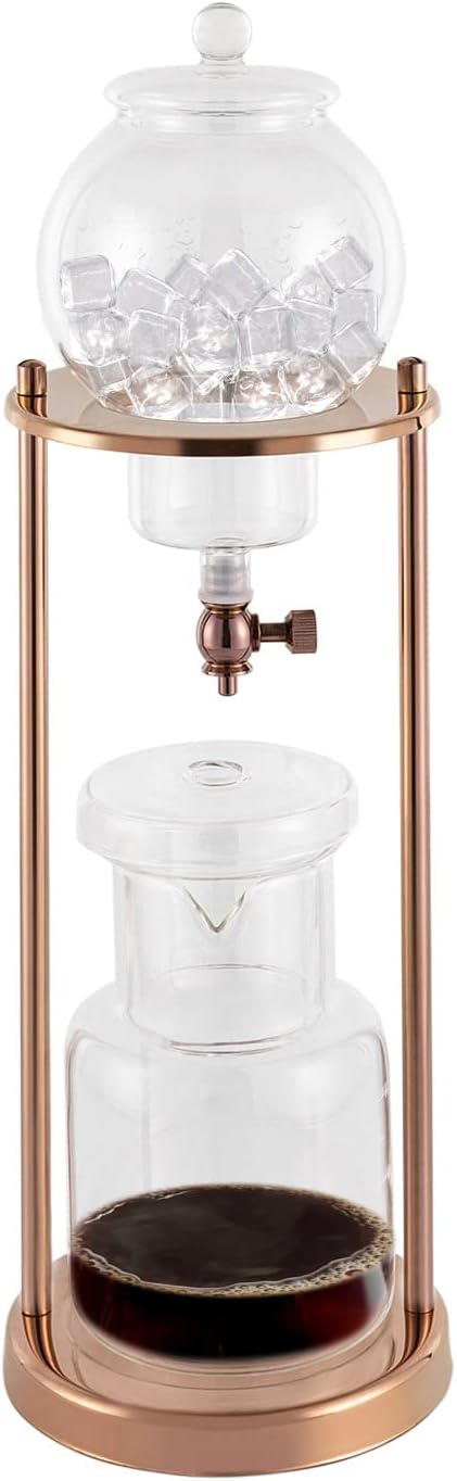 Metal Cold Brew Drip Tower, Ice Cold Drip Tower 600ml Capacity, Iced Coffee Cold Brew Drip Tower, Ice Coffee Maker for Home, Coffee Shops, Offices 6-8 Cups (Gold)