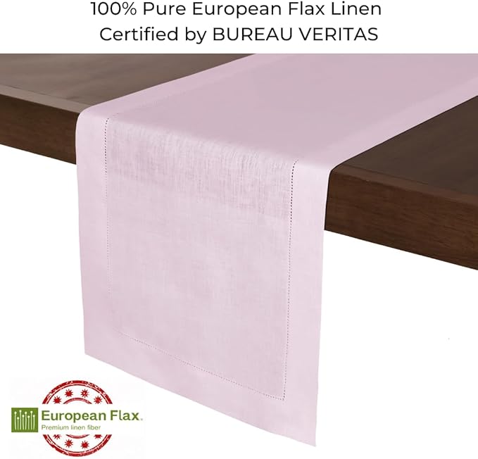 D'Moksha Homes Linen Pastel Pink Table Runner 108 Inches Long - 100% Pure Linen 14 x 108 Inch Table Runner for Winter, Christmas, Holiday, New Year - Classic Hemstitch