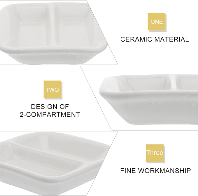 Cabilock 2Pcs 3inch White Ceramic Appetizer Plates, 2-Compartment Serving Platter Tray, Soy Dipping Sauce Dishes, Rectangular Divided Dish for Home Hotel Restaurant Kitchen