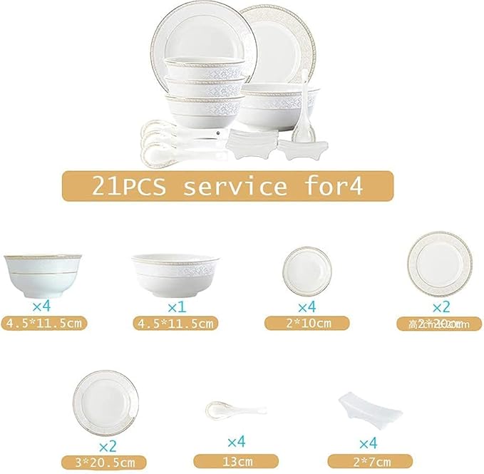 White Round Porcelain Dinnerware Set, Dishes/Plate/Bowl Set, Fine Bone China Dinnerware Sets Clearance, Collection Ceramic Kitchen and Dining Sets for Home,B56 Pcs Servic-21 Pcs Service for 4