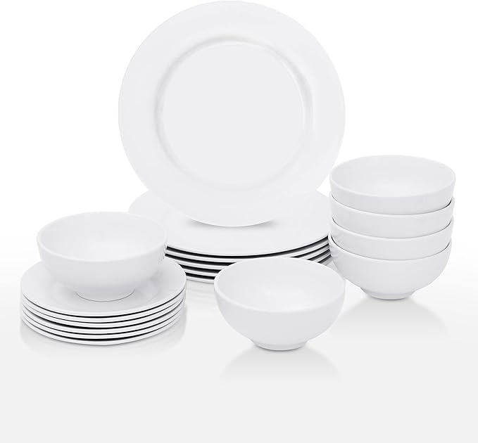 SUPER DEAL Round 18-Piece White Kitchen Dinnerware Set, Service for 6, Plates and Bowls – Microwave, Oven and Dishwasher Safe