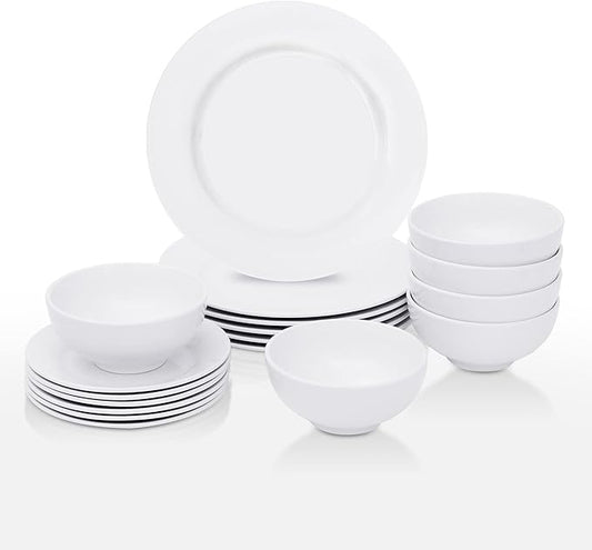 SUPER DEAL Round 18-Piece White Kitchen Dinnerware Set, Service for 6, Plates and Bowls – Microwave, Oven and Dishwasher Safe
