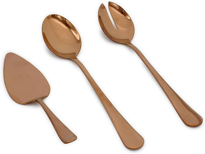 Elyon 3-Piece Copper Flatware Serving Spoons, Stainless Steel Hostess Set, Reflective Mirror Finish, Salad Servers with Complimentary Pie Pastry Server, Reusable Dishwasher Safe