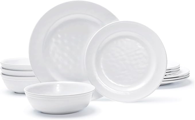 TP 12-Piece Dinnerware Set, Melamine Dishes Set with Bowls and Plates, Non-breakable and Lightweight Dinner Service for 4, White