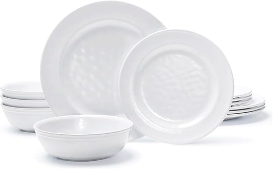TP 12-Piece Dinnerware Set, Melamine Dishes Set with Bowls and Plates, Non-breakable and Lightweight Dinner Service for 4, White
