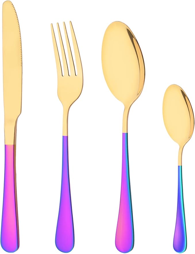 Shiny Gold Silverware Set with Rainbow Handle - 4 Pcs Flatware Cutlery Set for 1 - Spoon Fork Knife Teaspoon Utensils Tableware Set for Travel Camping - Mirror Polished & Dishwasher Safe