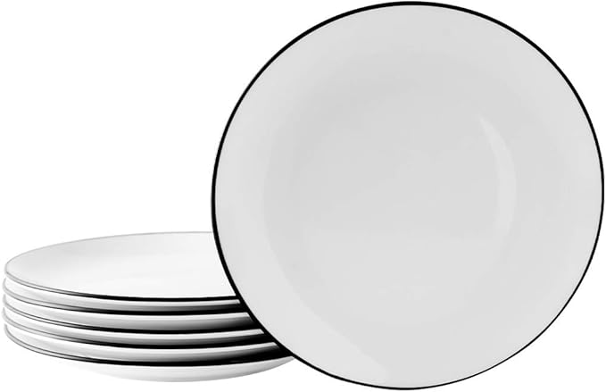 YOLIFE 10 inch Dinner Plates Set of 6, White Plate with Black Trim, Ceramic Steak Plates, Microwave & Dishwasher Safe
