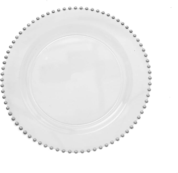 10" Dinner Plates - Set of 10 - Plastic Clear Silver Round Disposable Plate Beaded Rim, Ideal for Decoration Party Wedding Bulk Events