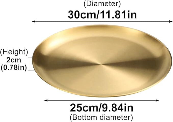 Stainless Steel Food Trays, Round Flat Dish Bread Pastry Baking Pan, Tea and Bar Serving Tray Party Cake Dessert Plate, Gold,XL(30x25x2cm)