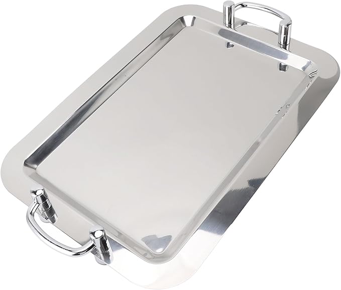 Dioche Steel Serving Tray Stainless Steel Platter with Handle – Multifunction Portable Serving Tray for Restaurant & Hotel Buffet, Rectangle Shape, 47.5cm (Rectangle Shape with Silver Handle, 47.5cm)
