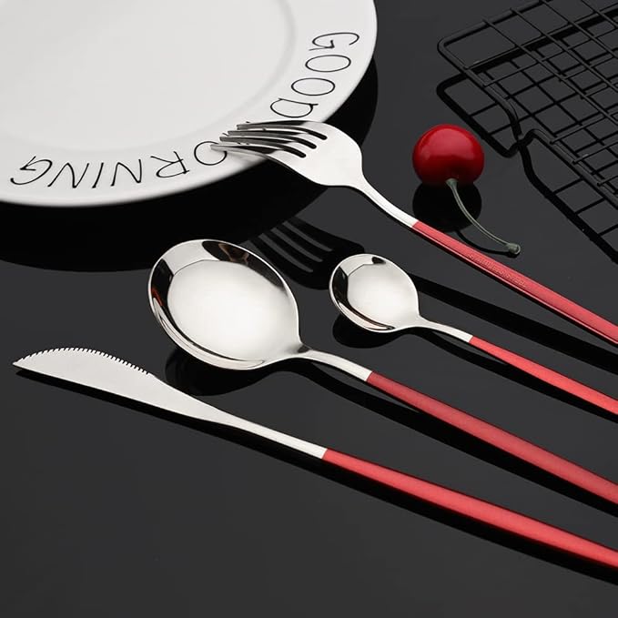 JASHII Red and Silver Hanging Flatware Set Include Knife Fork Spoon Teaspoon and Stand, 24pcs Stainless Steel Utensils Set Service for 6,Modern Design & Mirror Polished, Great Gift