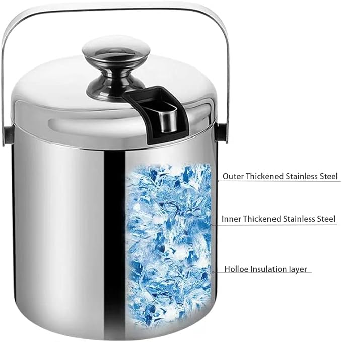 Stainless Steel Ice Cube Container Double Walled 1.3L Ice Bucket Container with Tongs Lid and One Small Metal Ice Scoop