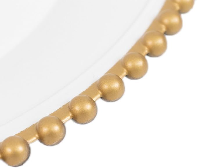 13" Charger Plates - Set of 12 - White/Gold Round Acrylic Disposable Chargers with Beaded Rim, Ideal for Dinner Party Wedding Bulk Events