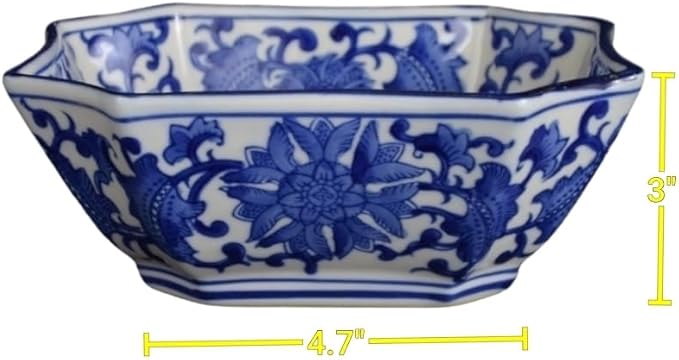 Blue and White Long Octagon Serving Bowls, Salad Bowls, Fruit Bowls (7")