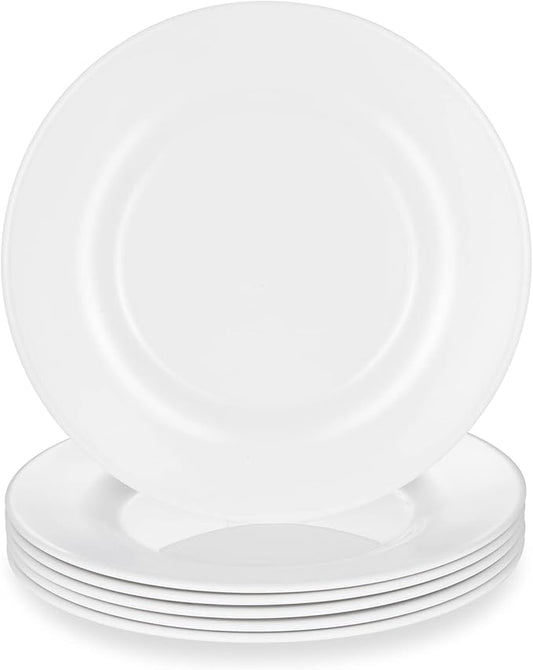 10 Inch White Melamine Plates Wide Side Flat Bottom Deep Round Dinner Plates Salad and Dessert Plates Lightweight Durable and Easy to Clean,Non Ceramic Disc Pad Set of 6,PYW-10-06
