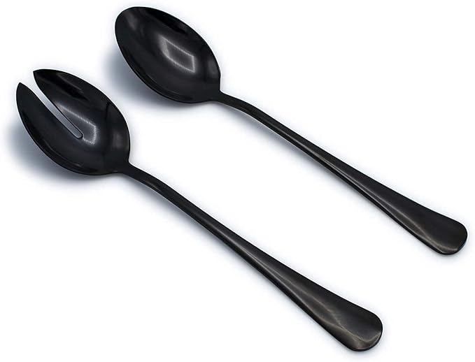 Elyon 3-Piece Black Flatware Serving Spoons, Stainless Steel Hostess Set, Reflective Mirror Finish, Salad Servers with Complimentary Pie Pastry Server, Reusable Dishwasher Safe
