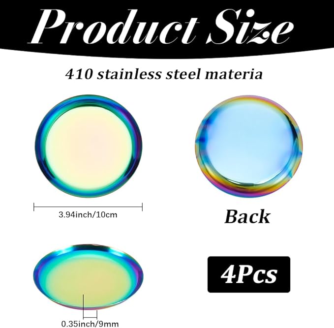 4 Pack 3.9 Inch Rainbow Serving Plate Round Metal Food Trays Small 410 Stainless Steel Seasoning Soy Sauce Storage Dishes Tools for Kitchen Cooking Sushi Dipping Appetizer Plates Jewelry