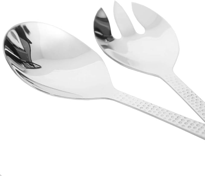 Salad Spoon and Fork Serving Set by Home Basics | 18/0 Stainless Steel with Hammered Finish Handles - 2-Piece Hostess Set for Entertaining | Mirror Finish