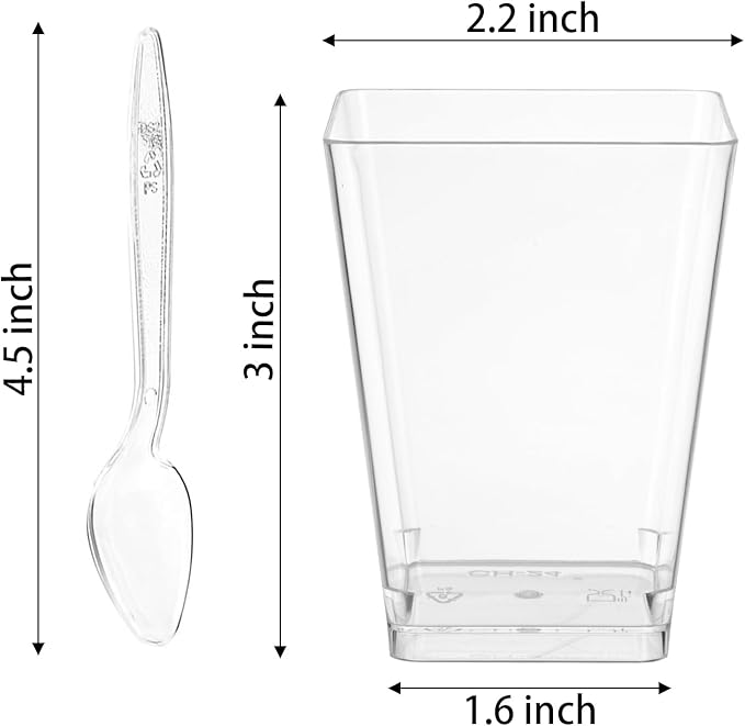 30 Pack 5 oz Square Dessert Cups with Spoons, Clear Plastic Parfait Cups for Party, Mini Serving Shooter Appetizer Cups, Dessert Shot Glasses for Tasting Samples Fruit Ice Cream