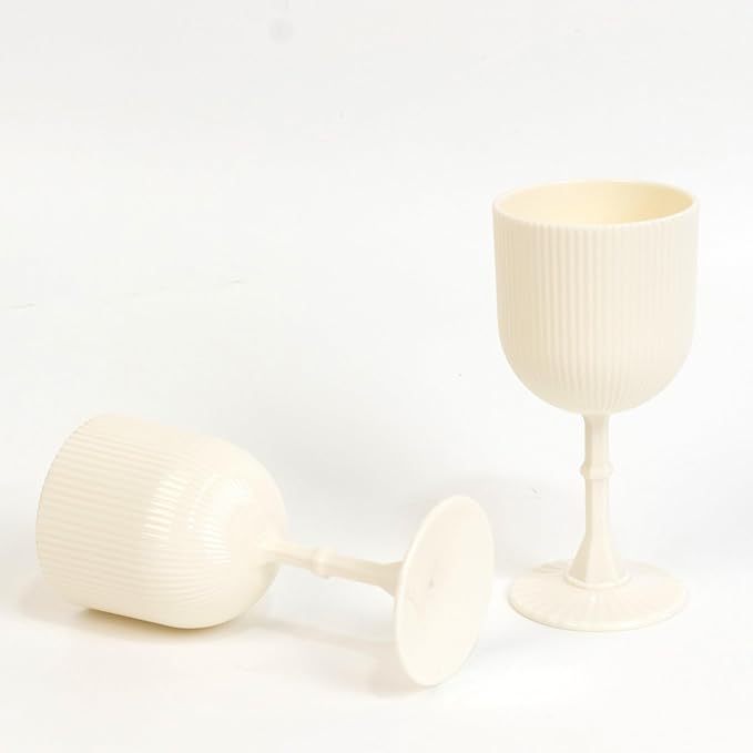 TCF Linen 12 Pack White Plastic Wine Goblets, 9oz Ribbed Reusable Shatterproof Drinkware for Weddings Parties Catering Cocktails and Desserts Cups
