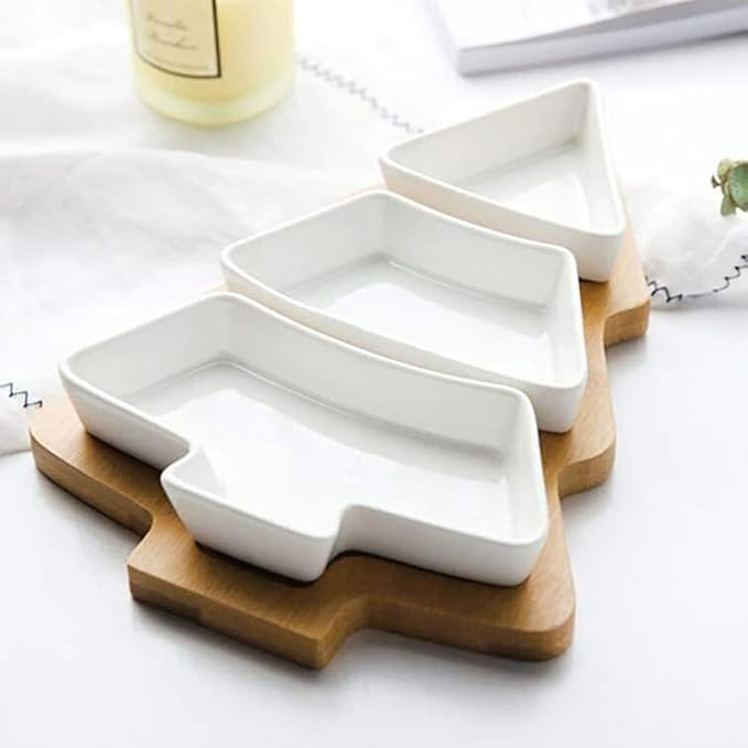 10.8 Inch White Snack Appetizer Trays Set, Small Christmas Tree Dessert Serving Dishes, Snack Platter, 3 pcs Removable White Porcelain Plates with Bamboo Tree Tray