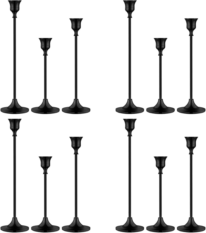 Metal Candle Holders for Candlesticks Taper Candlestick Holders Set Vintage Decorative Centerpiece Candelabra Tall Candle Stands (Matt Black, 4 Sets (12 pcs))