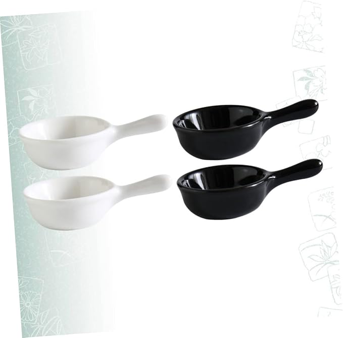 ABOOFAN Japanese Style Ceramic Dipping Sauce Dish Handle Mini Appetizer Plate for Snacks and Fruits Black and White 4-Piece Set for Kitchen Seasoning and Serving
