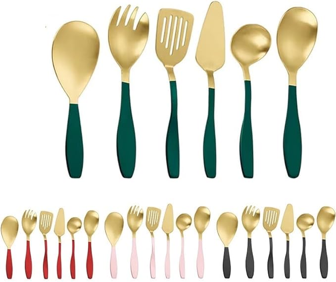 Silverware Set, 6/24/36/48/60/72pcs Kitchenware 5-piece Set Serving Spoon Salad Stainless Steel Spatula, Home Cutlery Flatware Set(Red,48 Pieces for 8)