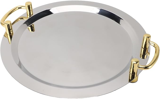 Stainless Steel Serving Plate, Elegant Mirror Finish Serving Tray Reusable Unbreakable Modern Kitchen Plates Golden with Handle for Hotel Restaurant Banquet (Round (Diameter 15.7in))