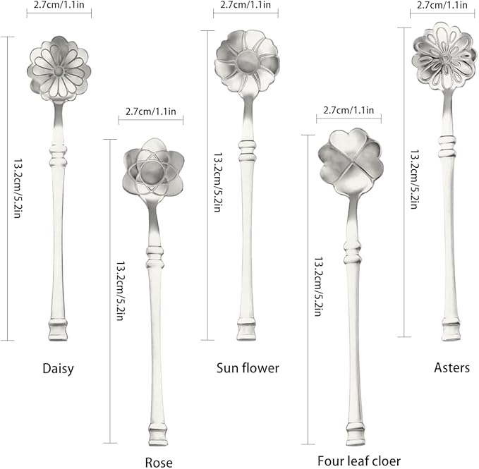 10 Pcs Flower Spoon Coffee Teaspoon Set, Stainless Steel Tableware Creative Dessert Spoons Sugar Coffee Teaspoon Ice-Cream Mixing Stir Bar Ice Tea Spoon (Silver)