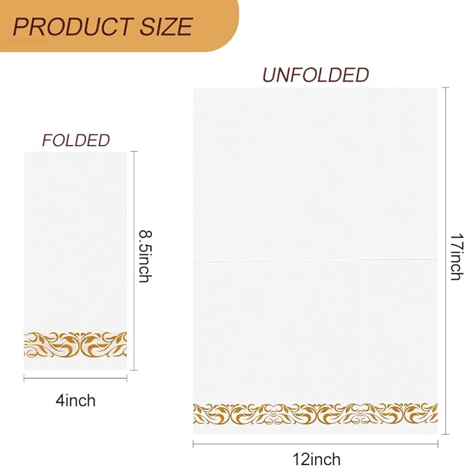 200 Pack Disposable Paper Napkins, Linen-Feel Paper Hand Towels, Elegant White Napkins with Gold Design for Kitchen, Wedding, Parties, Dinners or Events (12" x 17")