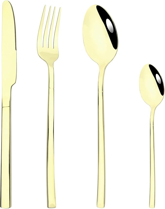 24-Piece Mirror Champagne Gold Flatware Set, 18/0 Stainless Steel Cutlery Set Service for 6, Tableware Utensils Include Knife Fork Spoon and Teaspoon, Dishwasher Safe