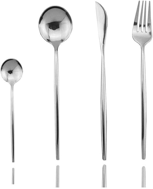 JASHII 4 Pieces Cutlery Set 304 Stainless Steel Home Kitchen Flatware Set Mirror Polished Knife Fork Set Spoon Modern Elegant Tableware Set (Silver Full)
