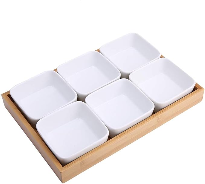 Ceramic Appetizer Serving Plate with Tray Cover, Snack Serving Plate for Fruits Nuts Desserts, BPA - Free White Ceramic Square Bowl with Separate Compartments, Modern Design (Six compartments with