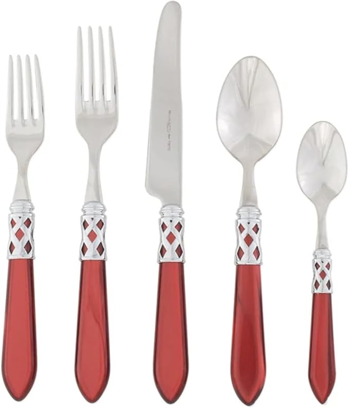 Vietri Aladdin Italian Flatware 18/10 Stainless Steel Brilliant Finish Including Place Knife, Place Fork, Place Spoon, Teaspoon, and Salad Fork (Red)