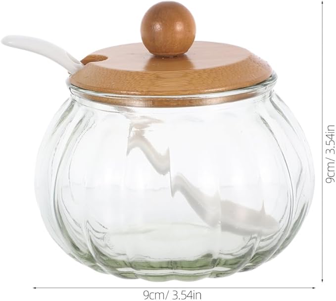 LIFKOME Clear Glass Sugar Bowl With Wooden Lid and Spoon Pumpkin Shaped Clear Glass Candy Jar Glass Sugar Storage Dispenser Container Seasoning Box Salt Bowl for Home Kitchen