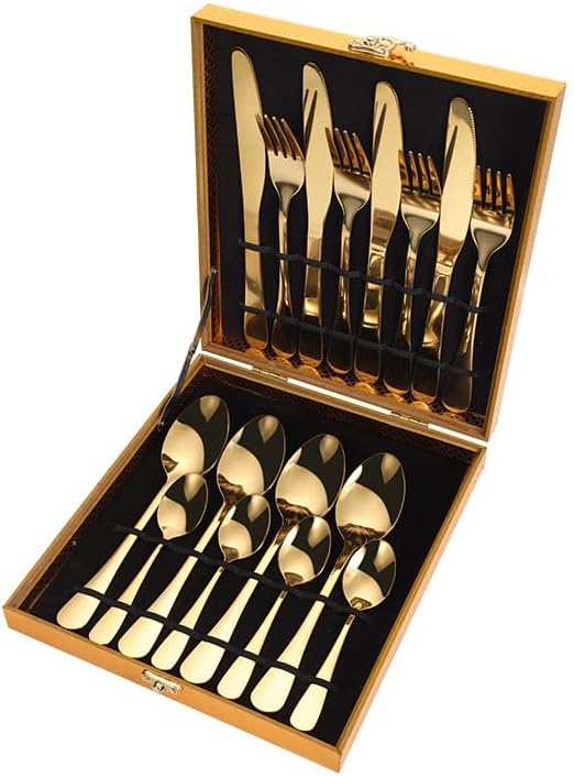 Stainless Steel Flatware serving set,Home Kitchen Eating Tableware Set,Dishwasher Safe,For Home Kitchen Restaurant Hote 16-piece Stainless Steel Cutlery Set Hotel Household Knife, Fork And Spoon(Gold)
