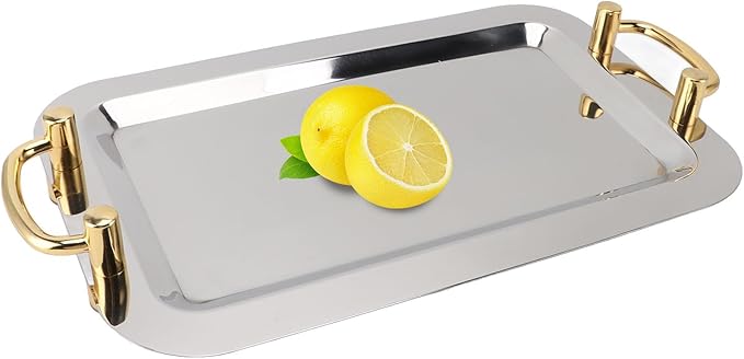 Stainless Steel Serving Plate, Elegant Mirror Finish Serving Tray Reusable Unbreakable Modern Kitchen Plates Golden with Handle for Hotel Restaurant Banquet (Rectangular (Length 18.7in))
