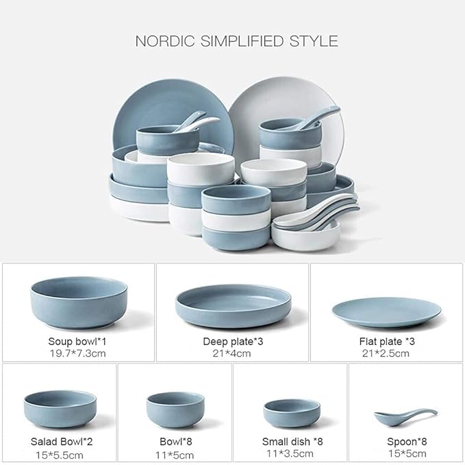 Dinnerware Set Dinner Party Tableware Service Set Ceramics Dinnerware Set with 33-Piece, Bowl/Dish/Spoon|Blue and White Match Dinner Sets, Nordic Style Porcelain Combination Set