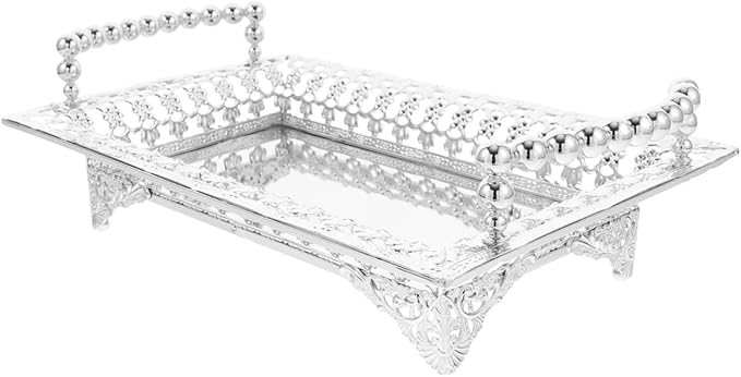 Metal Iron Fruit Serving Tray with Glass Stand, Rectangle Glitter Party Tray Dry Nut Dish with 2 Handle Veggie Candy Bowl for Table Dessert Snack Silver, 10.6X7X2.4in